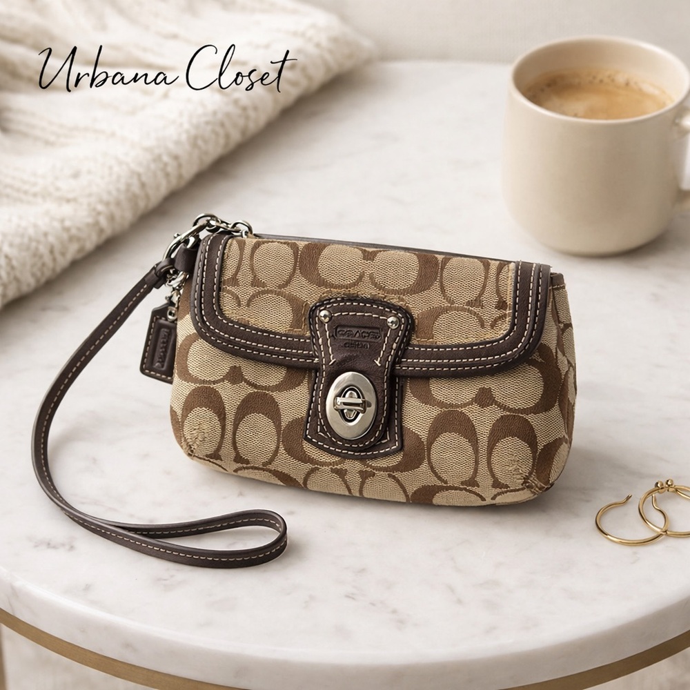 Coach Signature Wristlet Brown Canvas Mini Clutch Turnlock Small Bag